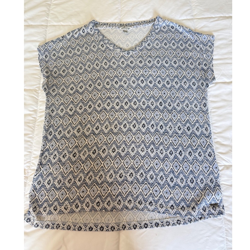 Orvis Top Womens Medium Blue Geometric V-Neck Short Sleeve Cap Sleeve